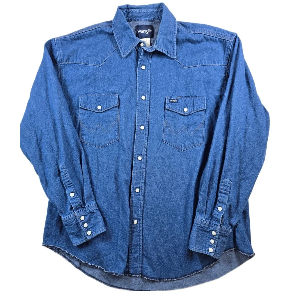 Wrangler Denim Western Shirt Mens XL Blue Jean Cotton Pearl Snap Raw Hem